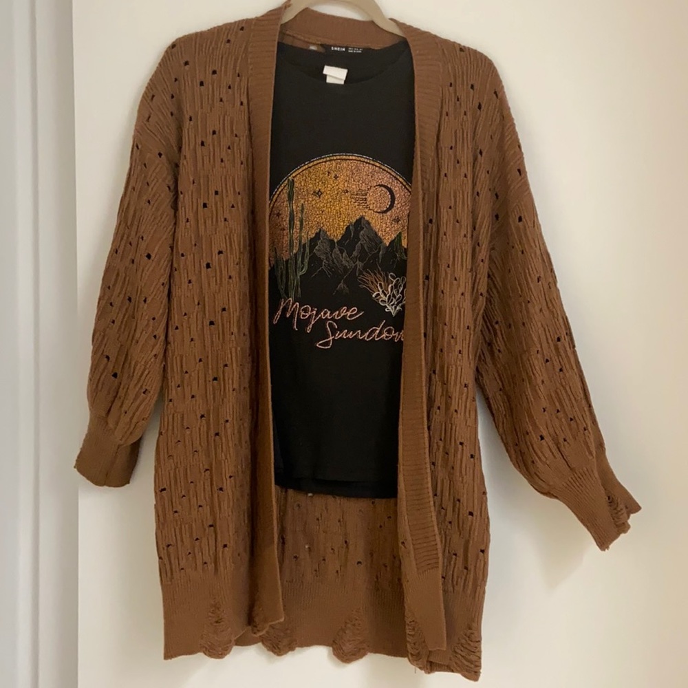 Distressed cardigan and graphic tee